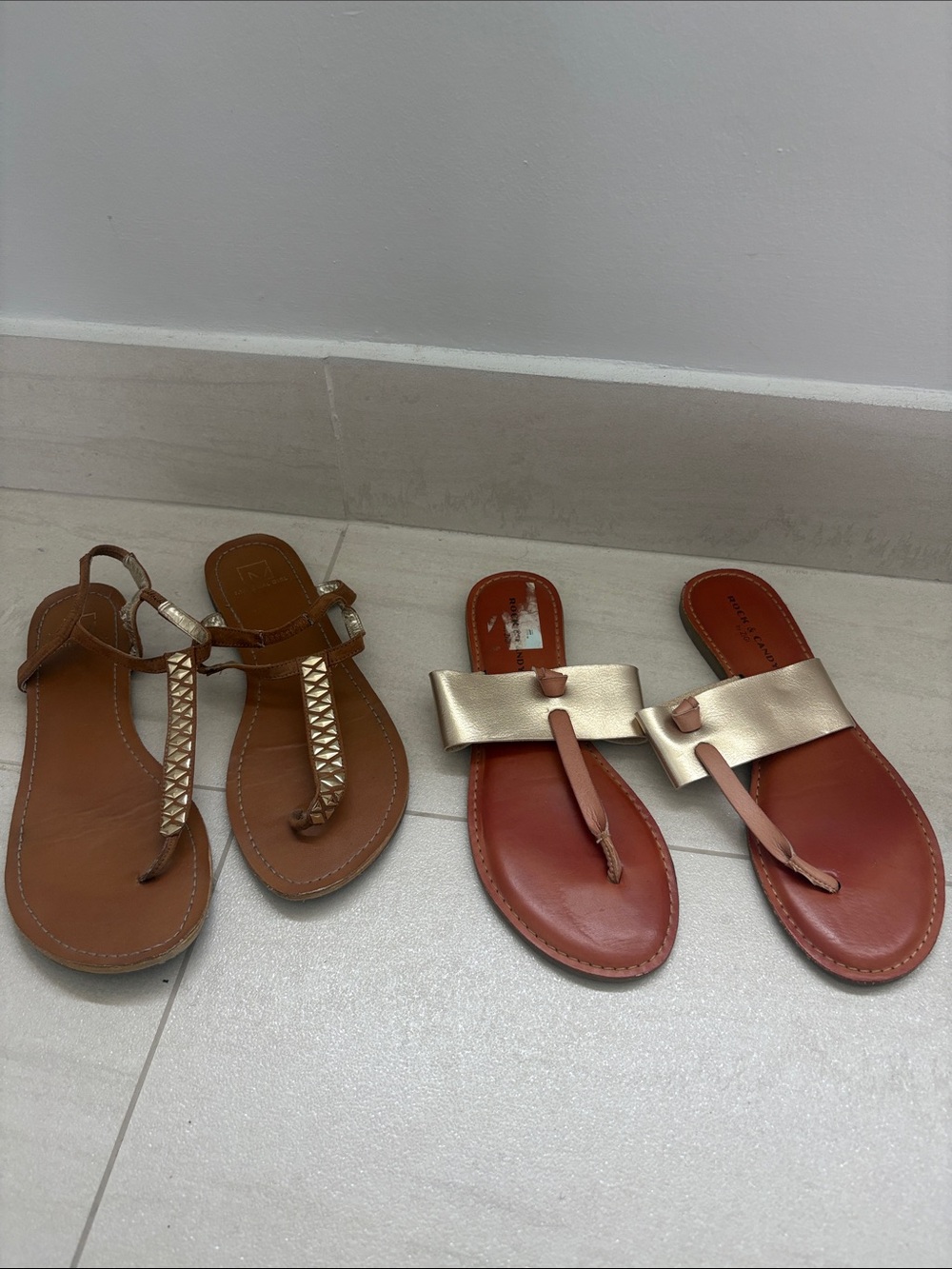 Gold and Brown Leather T-Strap Sandals - Women's Slip-On Flats